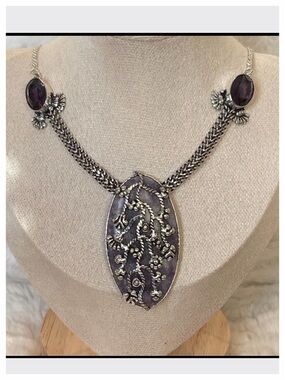 Boho Statement Necklace Purple Acrylic Pendant 18”